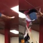 Momento en el que la mujer cae del techo del restaurante