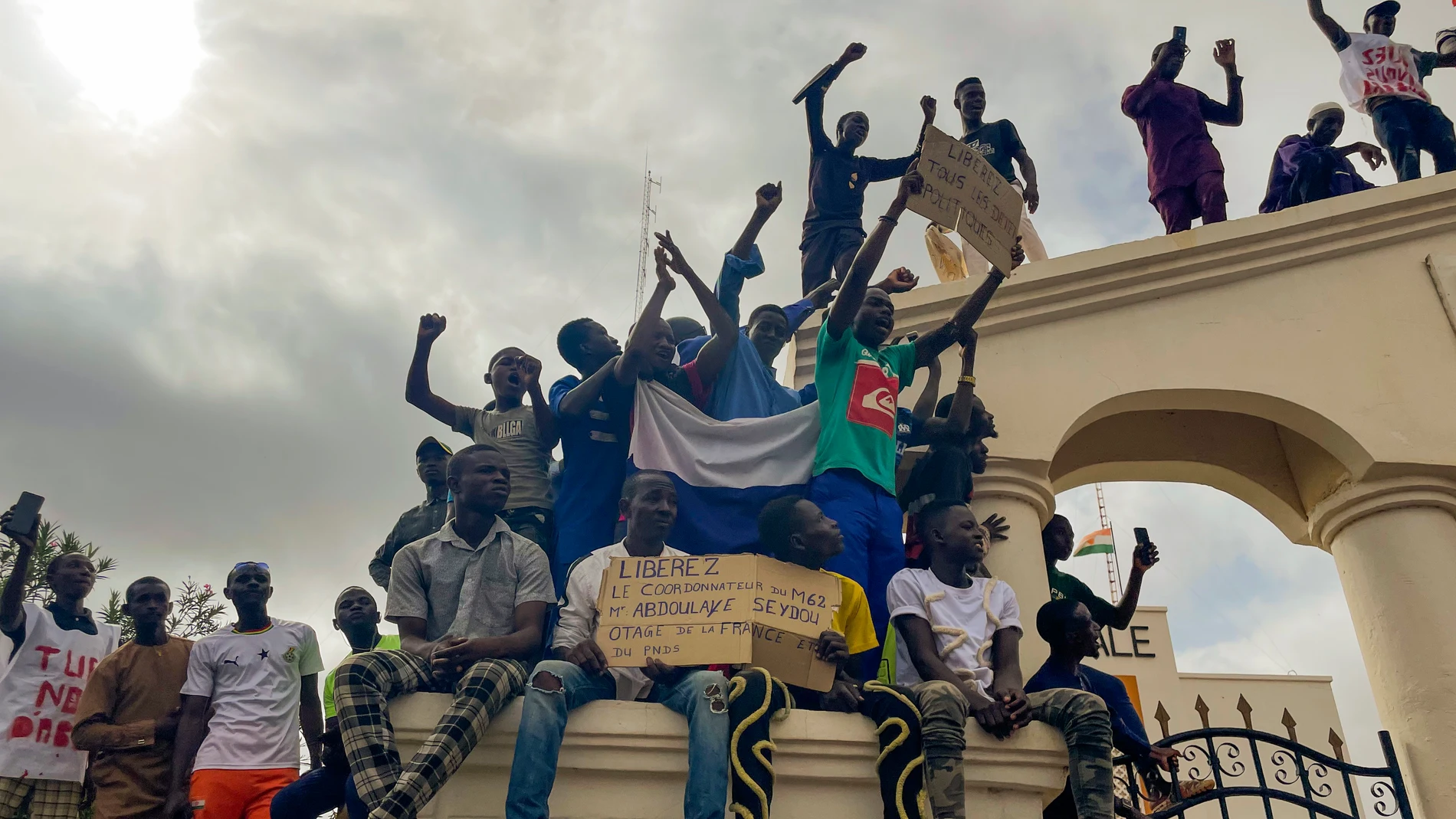 FILE - Supporters of Niger's ruling junta gather at the start of a protest called to fight for the country's freedom and push back against foreign interference in Niamey, Niger, Aug. 3, 2023. The French troops being forced out of Niger were seen as a key line of decadelong defense amid efforts led by the West, particularly U.S. and France, to fight against jihadi violence in Africa’s hard-hit Sahel region. (AP Photo/Sam Mednick, File)
