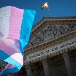 MADRID, 22/06/2020.- Una bandera ondea ante el Congreso de los Diputados mientras representantes de colectivos de personas Trans y de Familias de toda España se manifiestan, este lunes en el centro de Madrid, para mostrar su malestar por el documento interno de PSOE, donde se mostraban contrarios al cumplimiento de su acuerdo programático con respecto a la Ley Trans. EFE/Luca Piergiovanni
