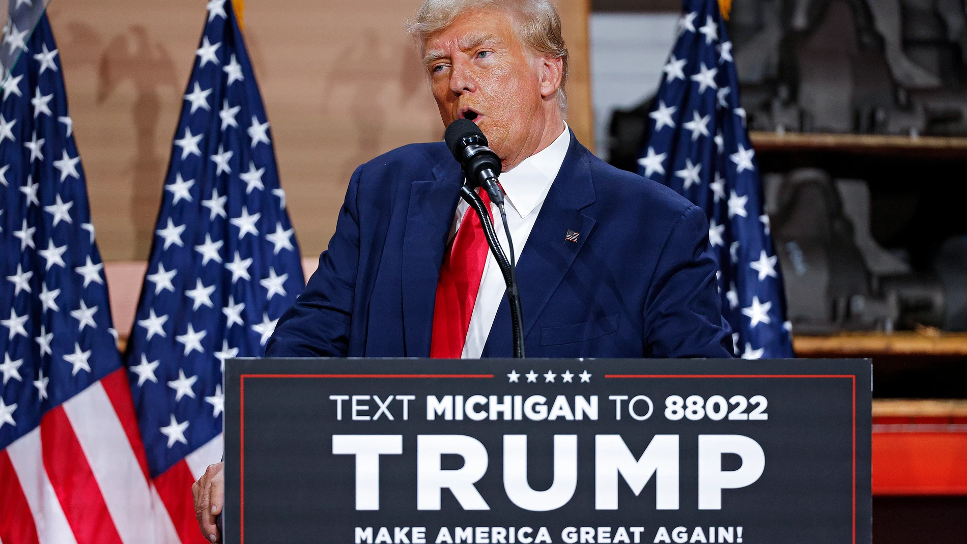 Former President Donald Trump speaks in Clinton Township, Mich., Wednesday, Sept. 27, 2023. (AP Photo/Mike Mulholland)