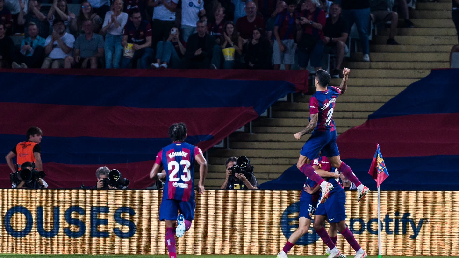 Joao Cancelo of Fc Barcelona celebrates a goal during the Spanish league, La Liga EA Sports, football match played between FC Barcelona and Sevilla FC at Estadi Olimpic Lluis Company on September 29, 2023 in Barcelona, Spain. Javier Borrego / Afp7 29/09/2023 ONLY FOR USE IN SPAIN
