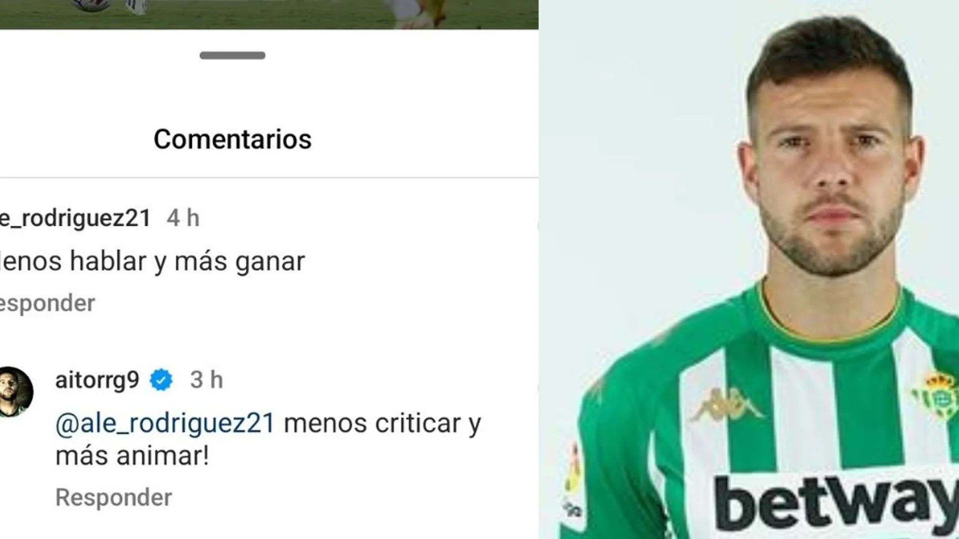 Aitor Ruibal, jugador del Real Betis, a un aficionado: "menos criticar y más animar"