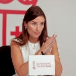 La portavoz y consellera de Hacienda, Ruth Merino, esta mañana durante la rueda de prensa