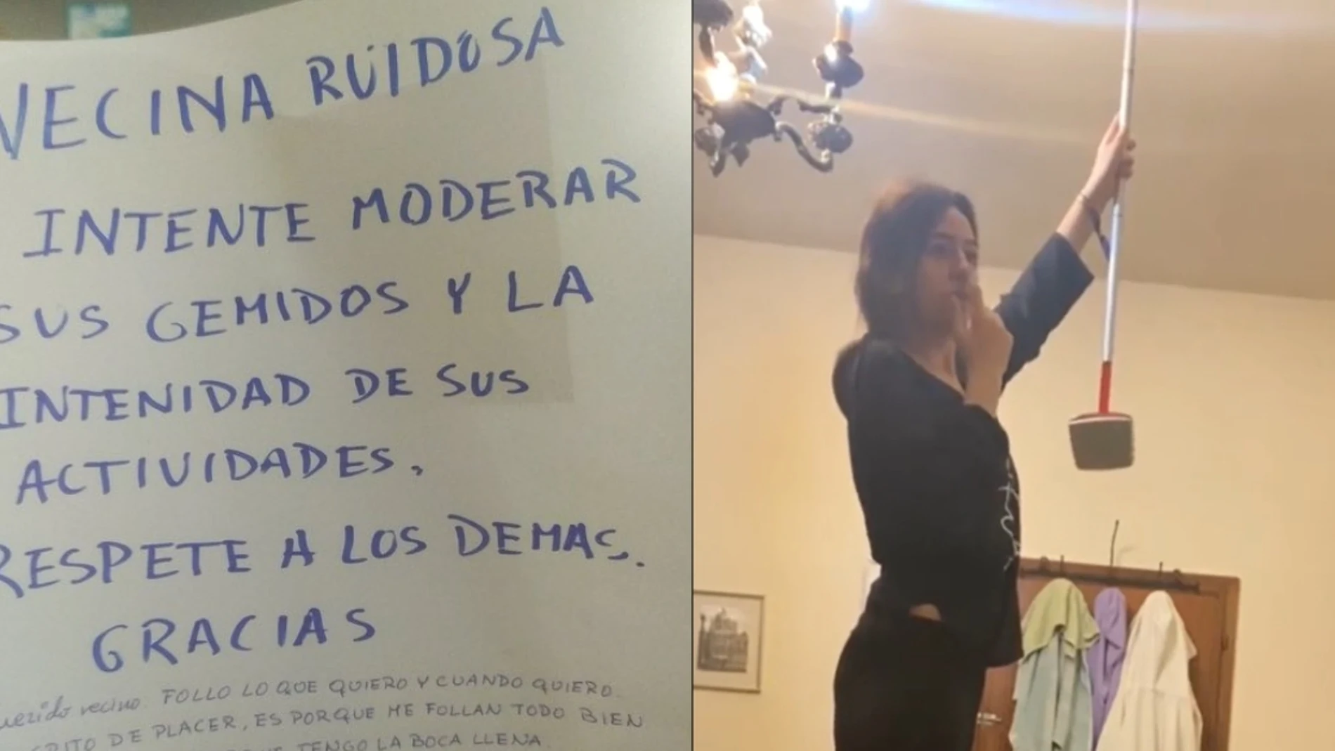 Carta de un hombre contra su vecina y joven dando golpes a su vecino con una mopa