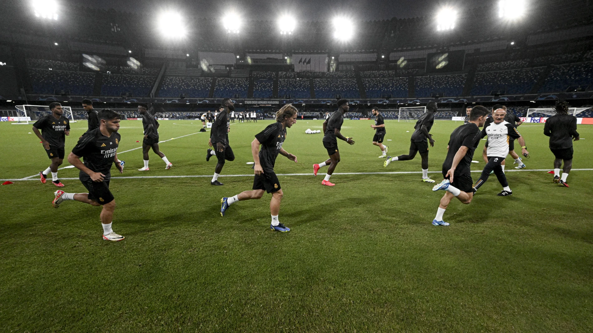 Napoli (Italy), 02/10/2023.- Real Madrid'Äôs players during a training session in Naples, Italy, 02 October 2023. Real Madrid will face Napoli in a UEFA Champions League group stage soccer match on 03 October 2023. (Liga de Campeones, Italia, Nápoles) EFE/EPA/CIRO FUSCO