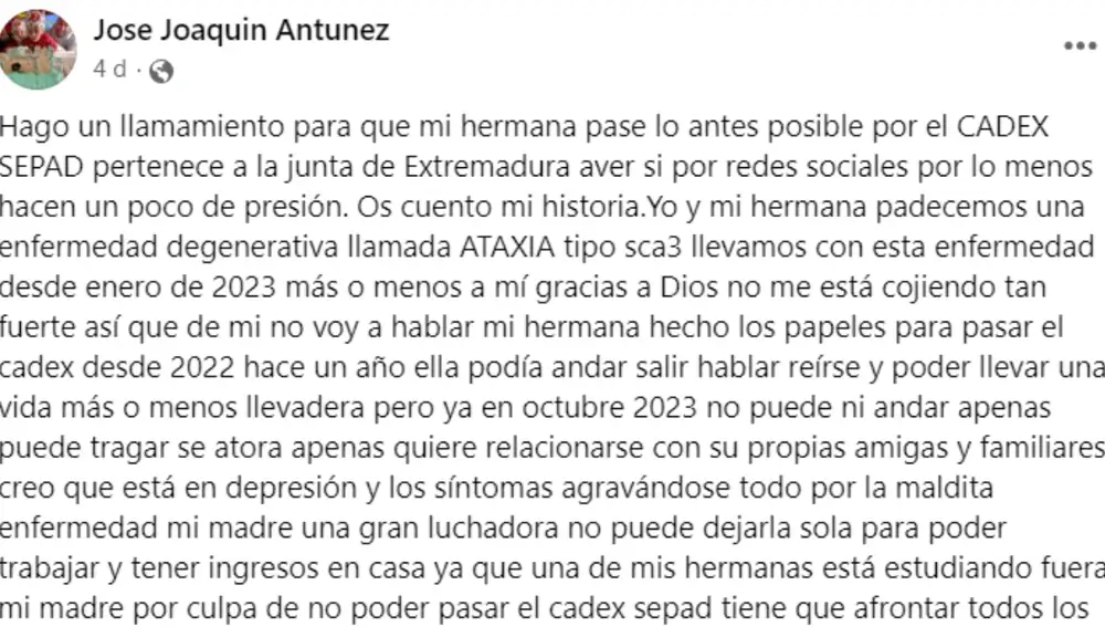 Carta en el muro de Facebook de José Joaquín