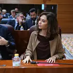 Ayuso con look marrón con vestido.