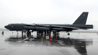 US B-52H strategic bomber made public at South Korean Air Force base Cheongju Airport (Korea, Republic Of), 19/10/2023.- A handout photo made available by South Korea's Defense Ministry shows a B-52H strategic bomber parked at a South Korean Air Force base at Cheongju Airport, 112 kilometers south of Seoul, South Korea, 19 October 2023. The US Forces Korea unveiled the bomber to the press which arrived in South Korea to participate in the Seoul International Aerospace & Defense Exhibition (ADEX) 2023, commemorating the 70th anniversary of the South Korea-US al...