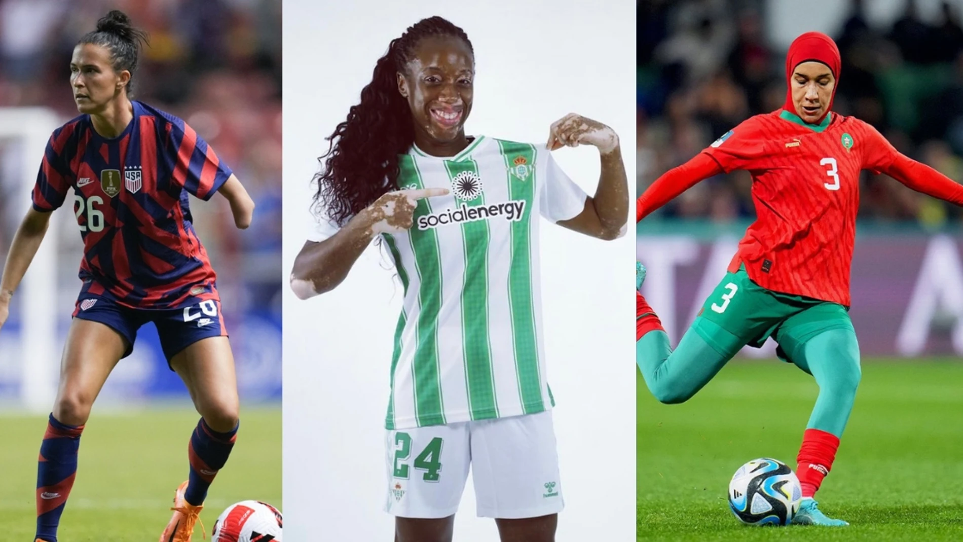 Las futbolistas Carson Pickett, Tiffany Cameron y Nouhaila Benzina