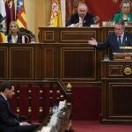 Juan Espadas, durante su intervención en el Senado, y Juanma Moreno