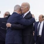President Joe Biden is greeted by Israeli Prime Minister Benjamin Netanyahu after arriving at Ben Gurion International Airport, Wednesday, Oct. 18, 2023, in Tel Aviv. 