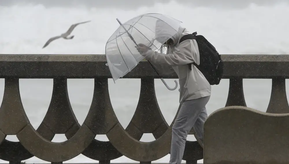 Una persona se protege de la lluvia y el viento con un paraguas, en A Coruña, Galicia. Imagen de archivo