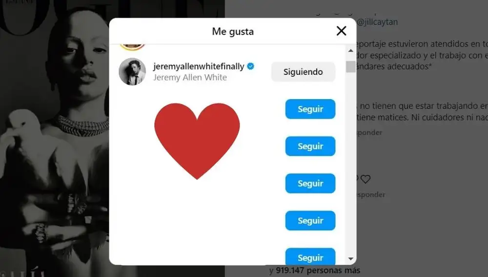 Jeremy Allen White le da a "me gusta" a varios publicaciones de Rosalía