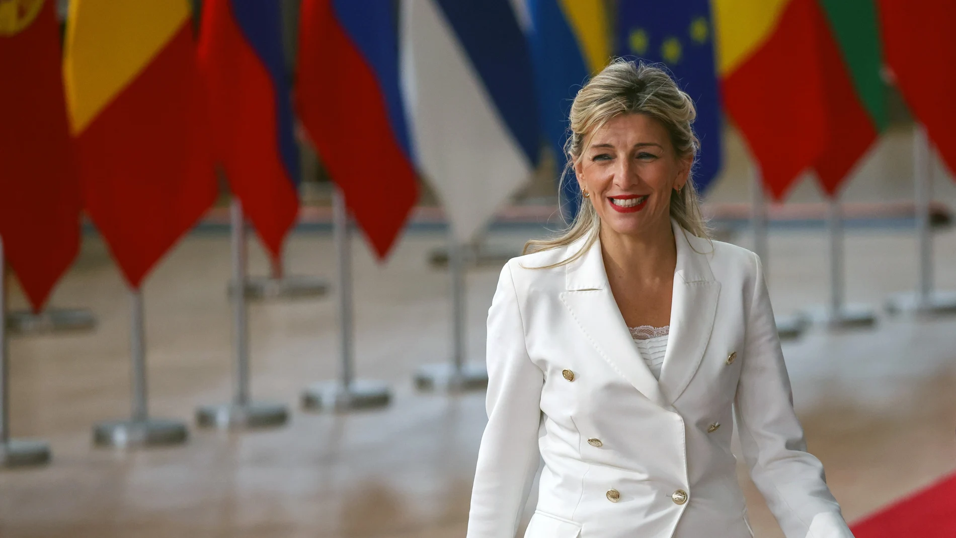 Spanish Deputy Prime Minister Yolanda Diaz arrives at the Tripartite Social Summit in Brussels, Belgium, 25 October 2023.