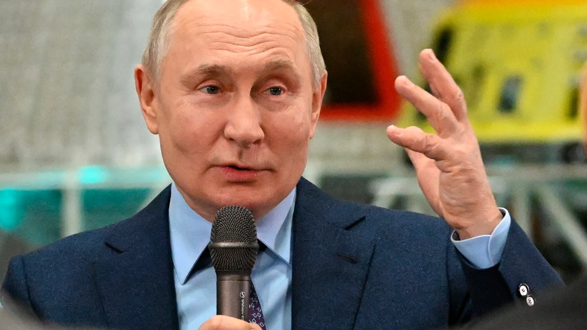 Russian President Vladimir Putin gestures while speking to young scientists during his visit to the Rocket and Space Corporation (RSC) Energia in Korolev, outside Moscow, Russia, Thursday, Oct. 26, 2023. (Grigory Sysoev, Sputnik, Kremlin Pool Photo via AP)