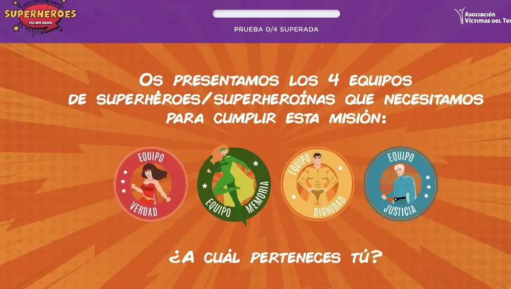 Los cuatro súper héroes del videojuego con los cuatro valores de Verdad, Memoria, Dignidad y Justicia