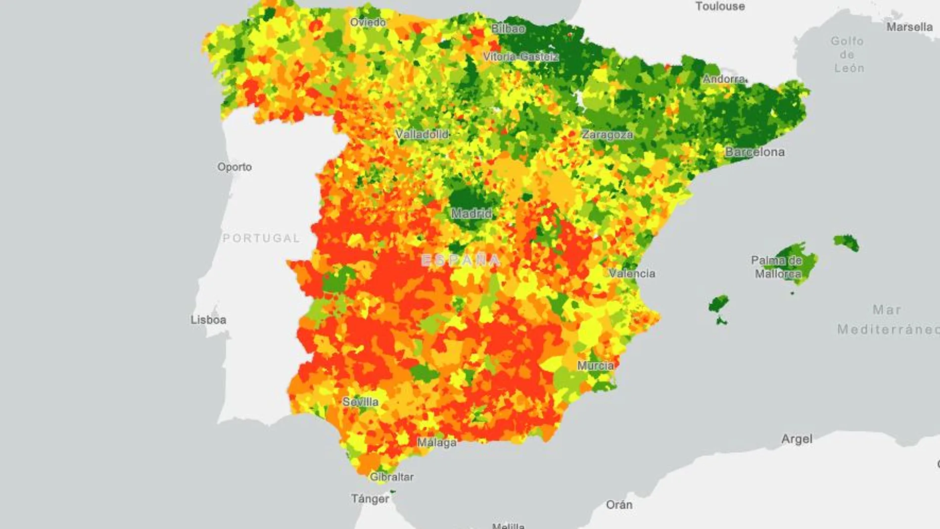Los colores amarillos, naranjas y rojos señalan los municipios con menor riqueza