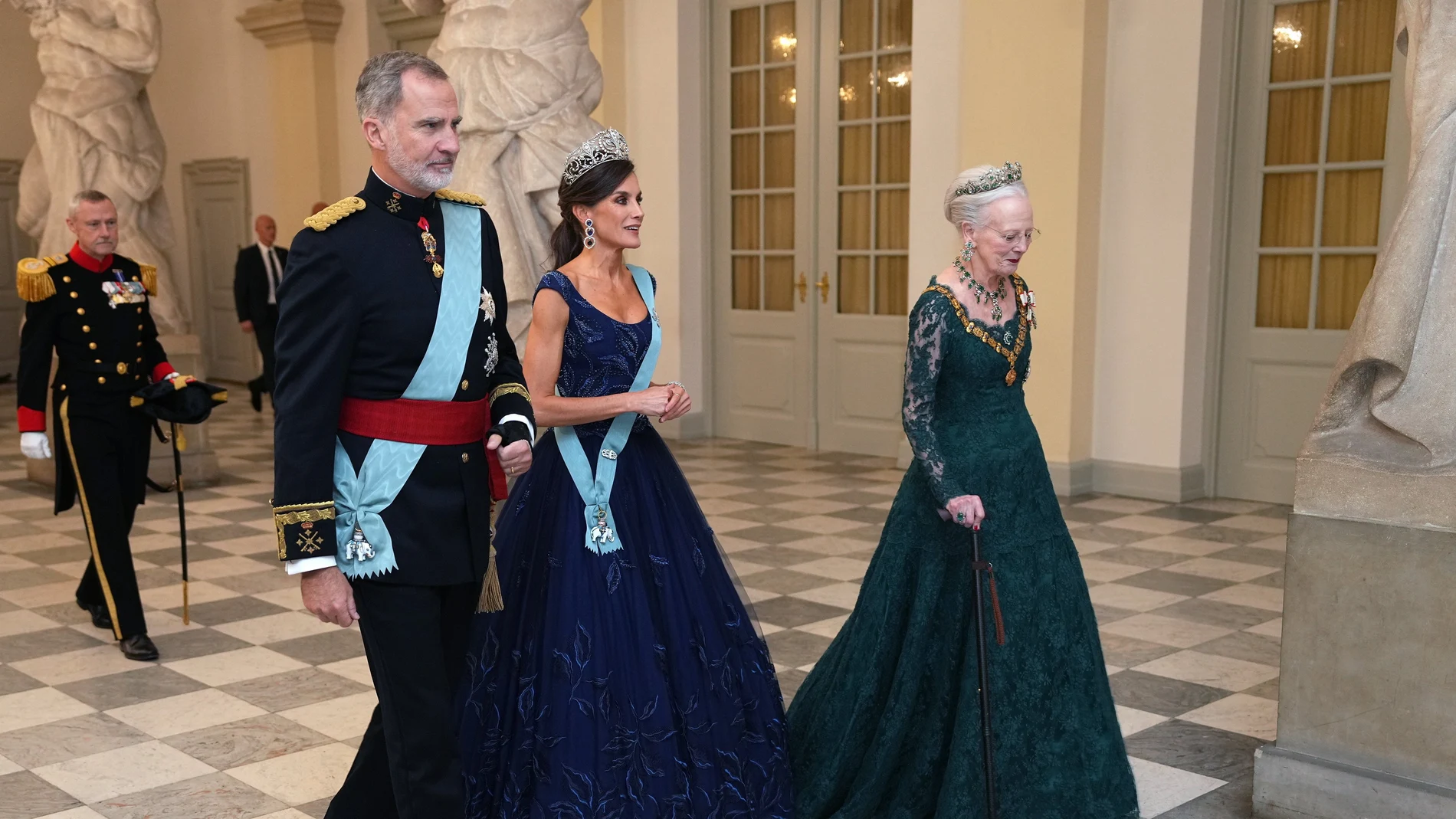 Spanish King Felipe VI with Queen Letizia and Danish Queen Margrethe II arrive for a State Banquet at Christiansborg Castle in Copenhagen, Denmark, 06 November 2023.
