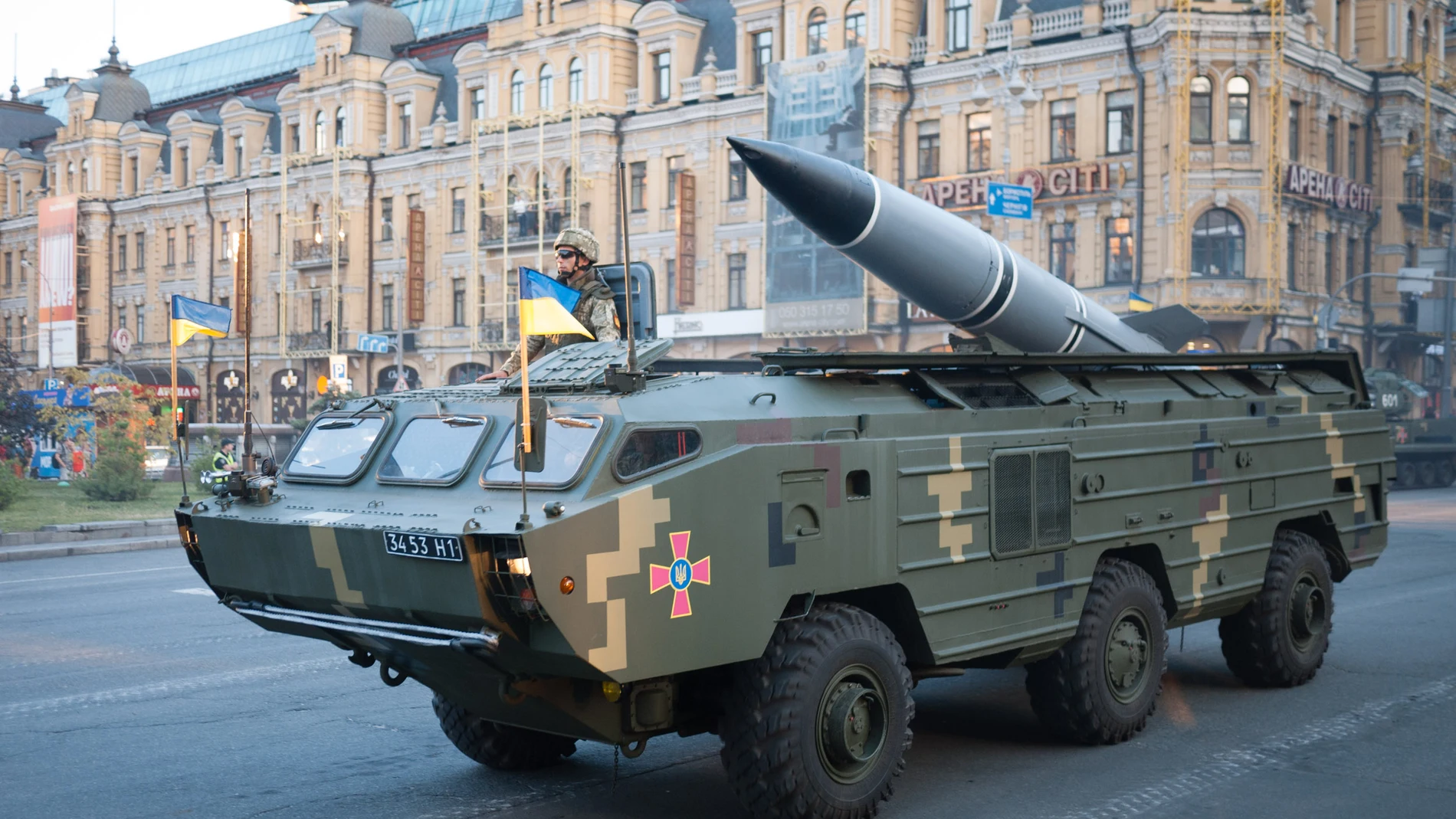 Misil táctico Tochka-U en el ensayo para el desfile militar del Día de la Independencia en Kiev, 2018.