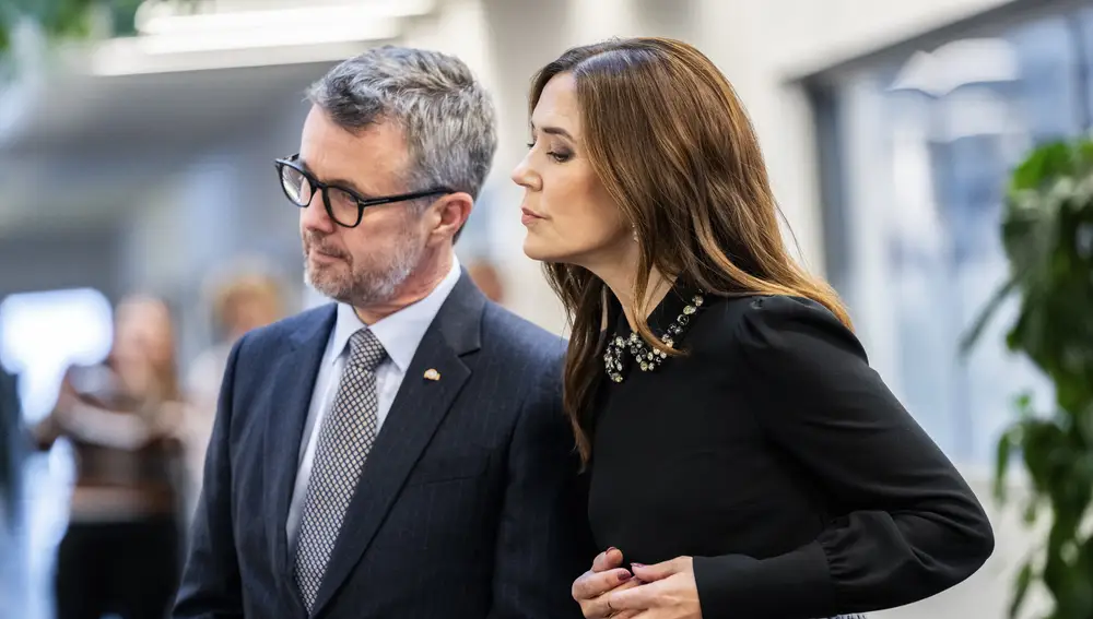 Denmark's Crown Prince Frederik (L) and Crown Princess Mary are shown artefacts of Spanish interest at the University of Copenhagen, in Copenhagen, Denmark, 07 November 2023