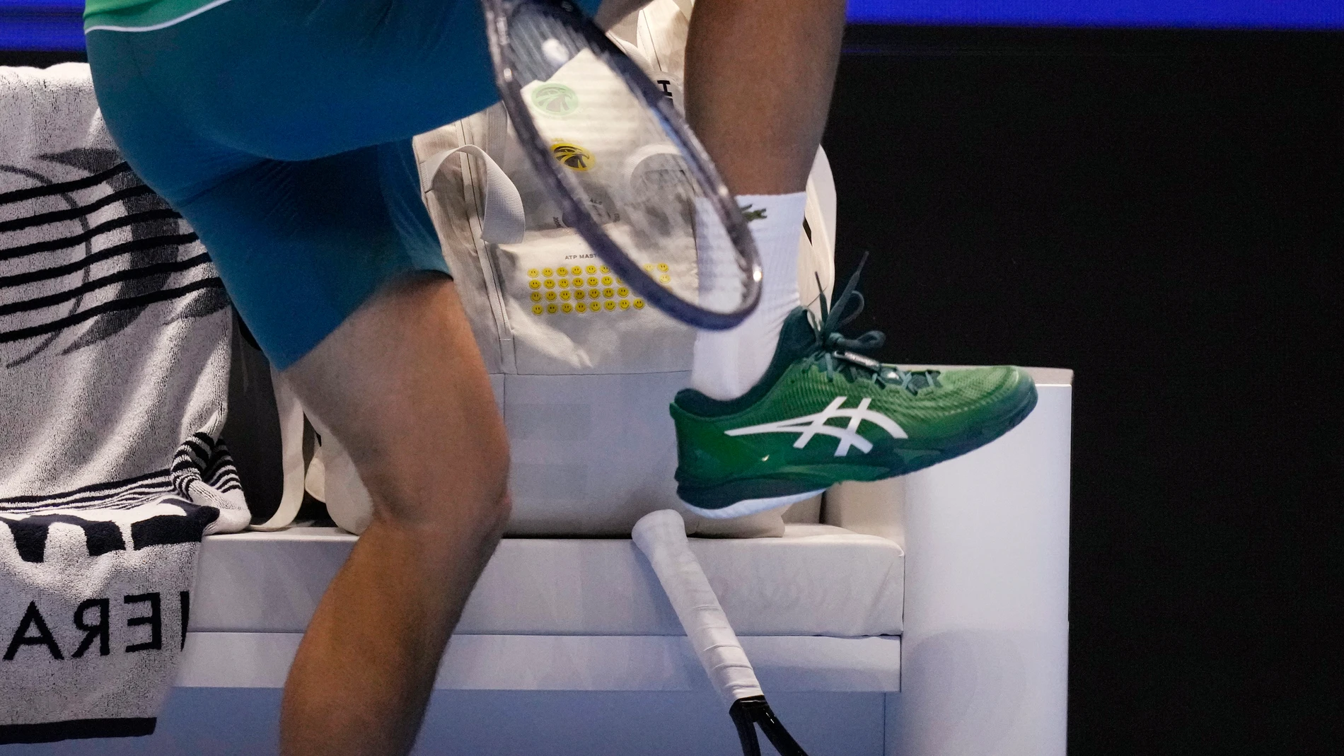 Serbia's Novak Djokovic reacts during the singles tennis match against Denmark's Holger Rune, of the ATP World Tour Finals at the Pala Alpitour, in Turin, Italy, Sunday, Nov. 12, 2023. (AP Photo/Antonio Calanni)