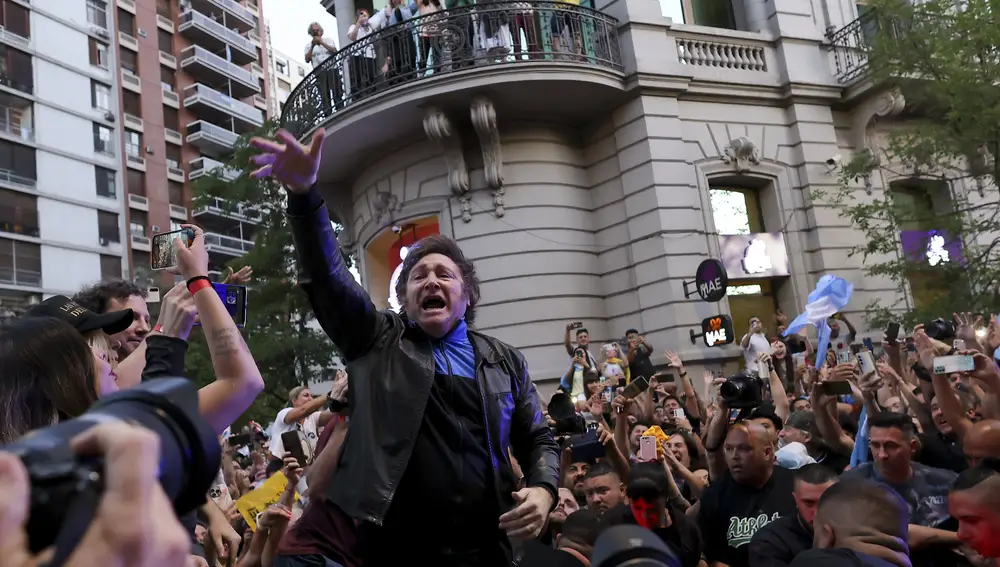 Javier Milei, Liberty Advances coalition presidential candidate, center, greets supporters during his closing campaign rally in Cordoba, Argentina.