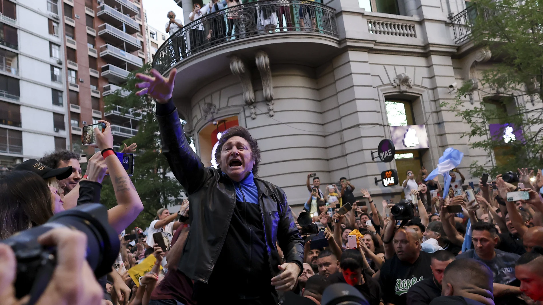 Javier Milei, Liberty Advances coalition presidential candidate, center, greets supporters during his closing campaign rally in Cordoba, Argentina.