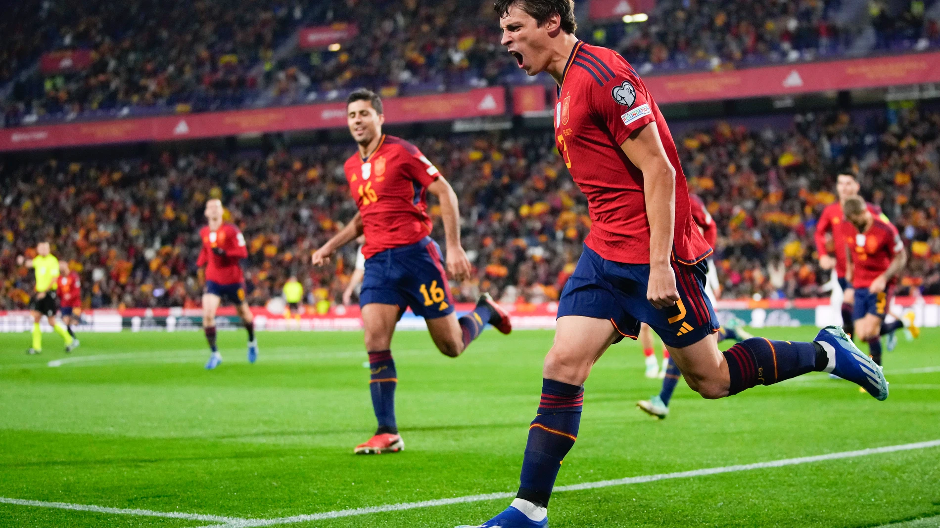 Spain's Robin Le Normand reacts after scoring his team's first goal during the Euro 2024 group A qualifying soccer match between Spain and Georgia at Jose Zorrilla Stadium in Valladolid, Spain, Sunday, Nov. 19 23, 2023. (AP Photo/Manu Fernandez)