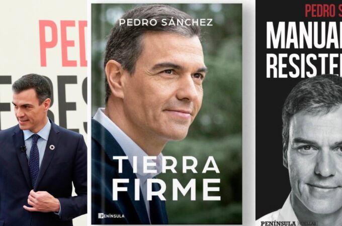 Sánchez durante la presentación de 'Manual de resistencia' y las portadas de su segundo y primer libro como presidente