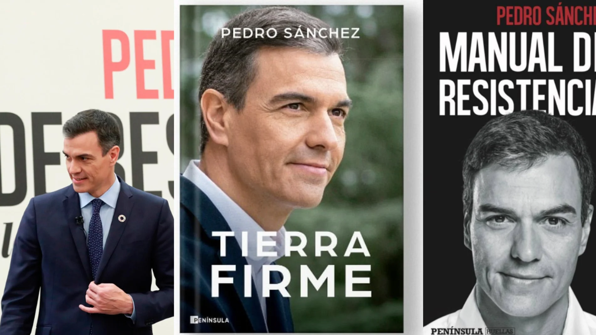 Sánchez durante la presentación de 'Manual de resistencia' y las portadas de su segundo y primer libro como presidente
