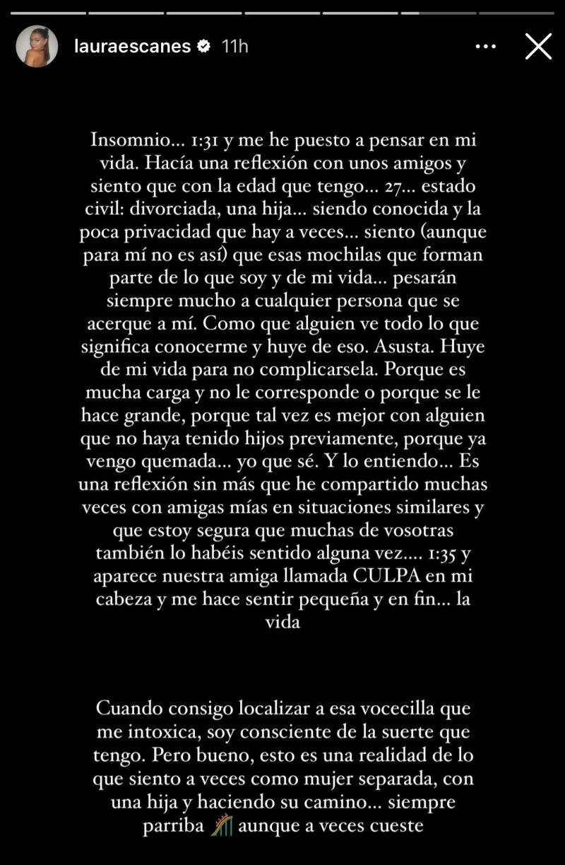 Story de Laura Escanes reflexionando sobre su situación sentimental 