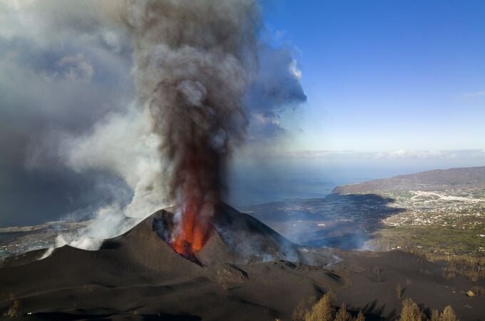 Lava flows from a volcano on the Canary island of La Palma, Spain.