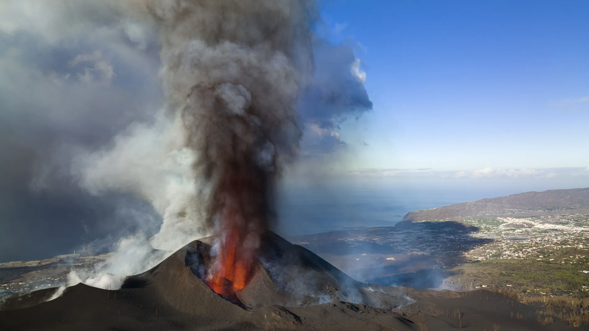 Lava flows from a volcano on the Canary island of La Palma, Spain.