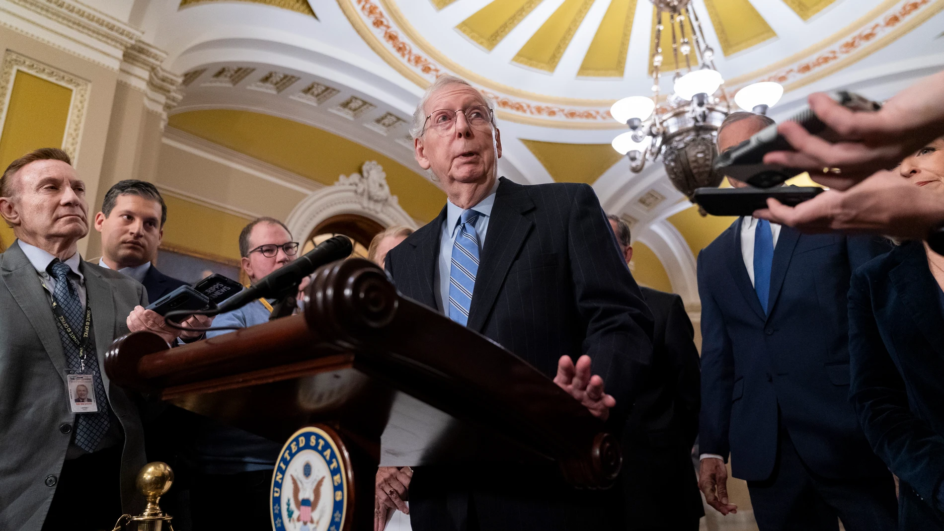 Senate Minority Leader Sen. Mitch McConnell, R-Ky., speaks to media after a Senate Republican policy luncheon, Tuesday, Dec. 5, 2023, on Capitol Hill in Washington. (AP Photo/Stephanie Scarbrough)