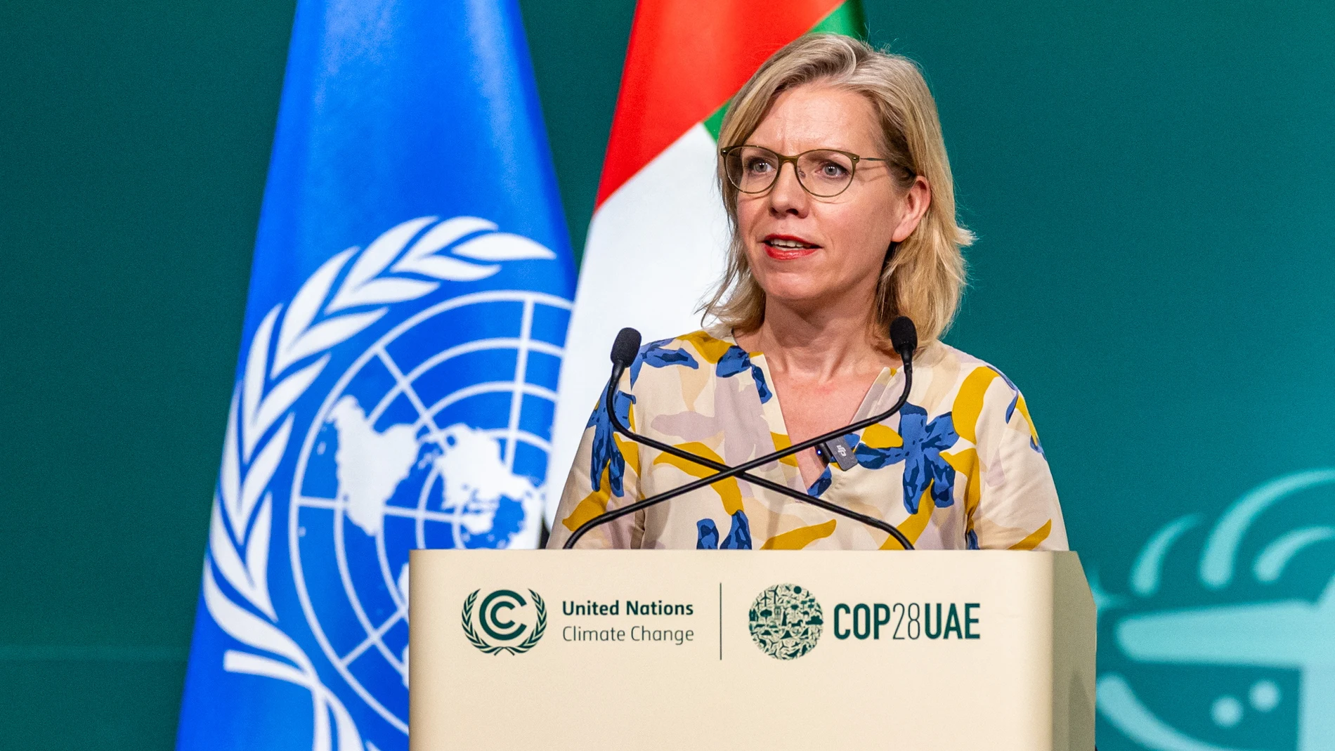 Dubai (United Arab Emirates), 09/12/2023.- Federal Minister for Climate Action of Austria Leonore Gewessler speaks at a press conference during the 2023 United Nations Climate Change Conference (COP28) in Dubai, UAE, 09 December 2023. COP28 runs from 30 November to 12 December, and is expected to host one of the largest number of participants in the annual global climate conference as over 70,000 estimated attendees, including the member states of the UN Framework Convention on Climate Change...