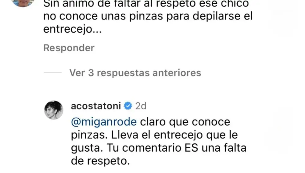 Toni Acosta volviendo a responder a comentarios desafortunados