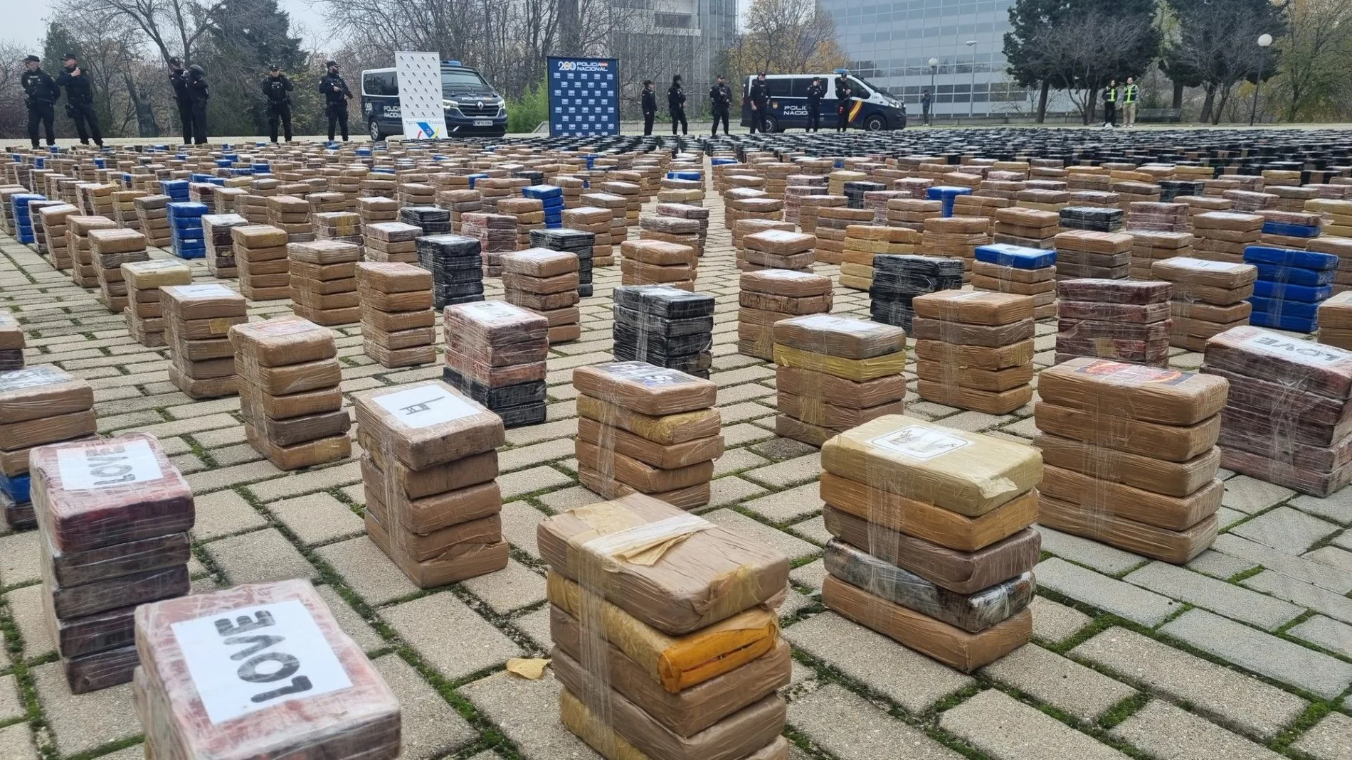 Parte de la droga estuvo expuesta esta mañana en el complejo policial de Canillas