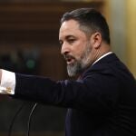 El líder de VOX, Santiago Abascal, interviene durante una sesión plenaria, en el Congreso de los Diputados, a 12 de diciembre de 2023, en Madrid (España). El Pleno del Congreso acoge hoy el primer debate de la proposición de Ley de Amnistía registrada por el PSOE, y también decide sobre la creación de las tres comisiones de investigación que los socialistas aceptaron el pasado mes de agosto, a cambio del voto de los independentistas catalanes de ERC y Junts para hacerse con la mayoría en la Mesa de la Cámara.