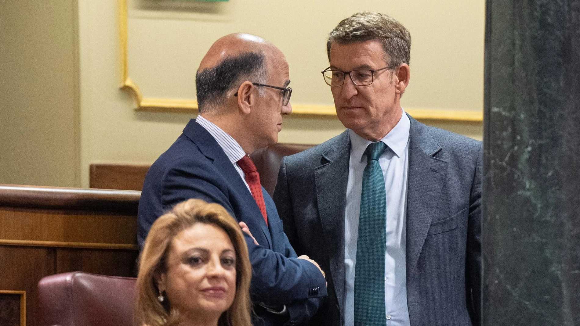 El líder del PP, Alberto Núñez Feijóo y el diputado de UPN, Alberto Catalá en el Congreso.