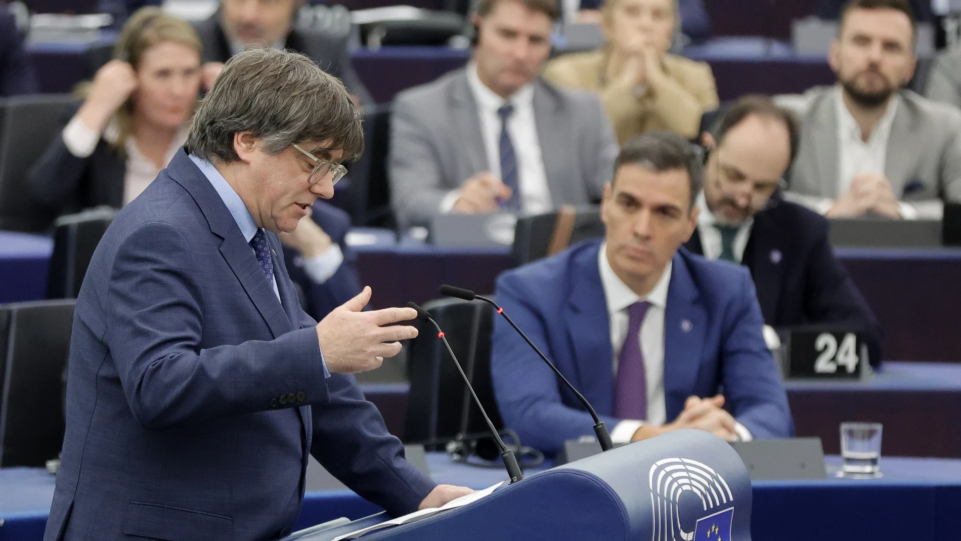 Former Catalan regional premier Carles Puigdemont speaks during a debate on 'Review of the Spanish Presidency of the Council' at the European Parliament in Strasbourg, France, 13 December 2023.