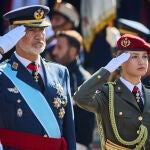 Desfile de las Fuerzas Armadas, 12 de Octubre Fiesta Nacional. Presidido por los reyes Felipe VI y Letizia y la princesa de Asturias, Leonor, con su uniforme militar. 