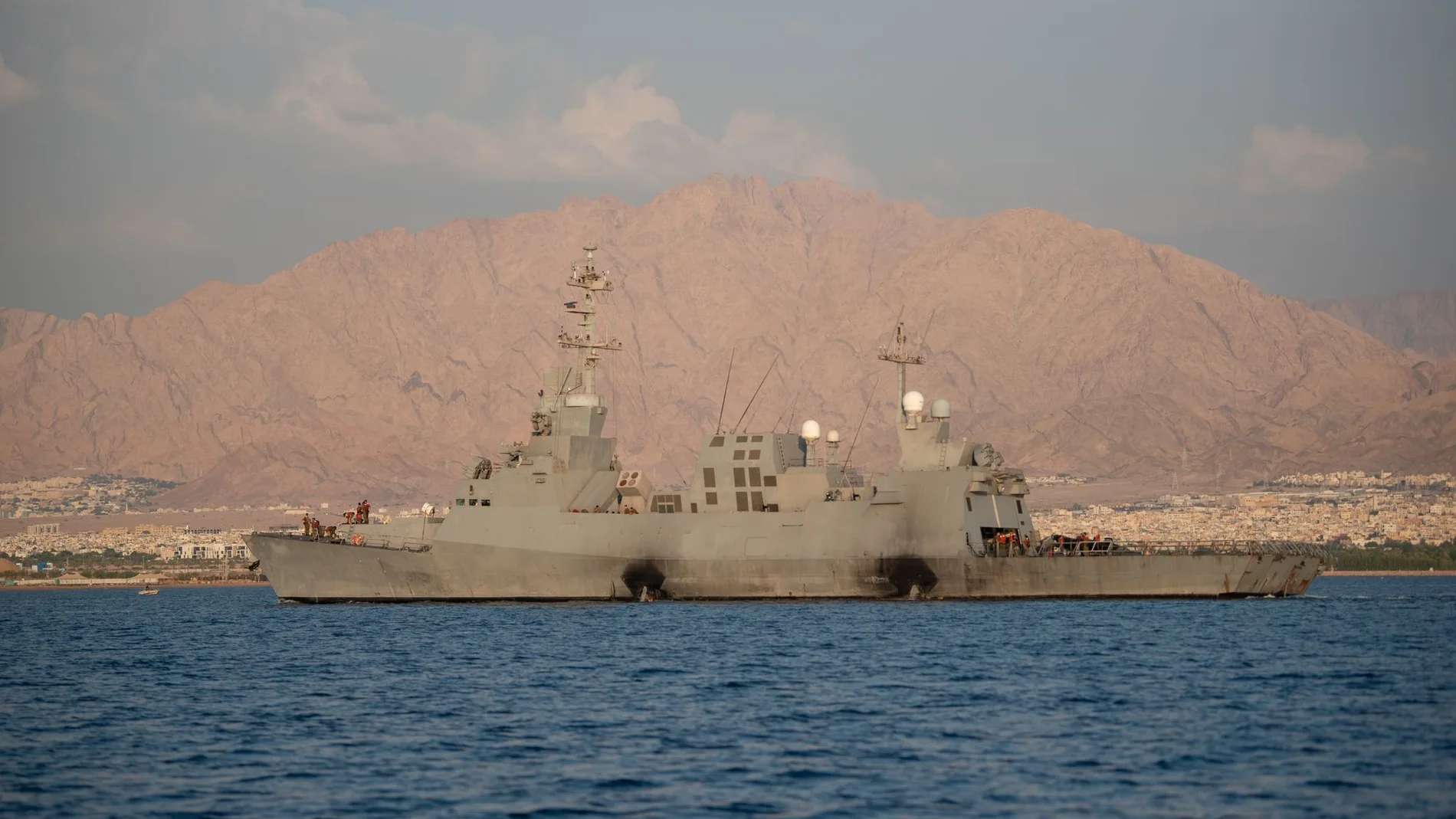 JERUSALEM, Nov. 1, 2023 -- An Israeli Navy missile boat is seen in the area of the Red Sea on Nov. 1, 2023. Israel sent missile boats to the Red Sea, the army said on Wednesday after Houthi forces in Yemen fired missiles and drones toward Israel's resort city of Eilat. "Israeli Navy missile boats arrived in the area of the Red Sea," the Israel Defense Forces (IDF) said in a statement, noting the move was made following a "situational assessment and as part of defensive efforts in the area...