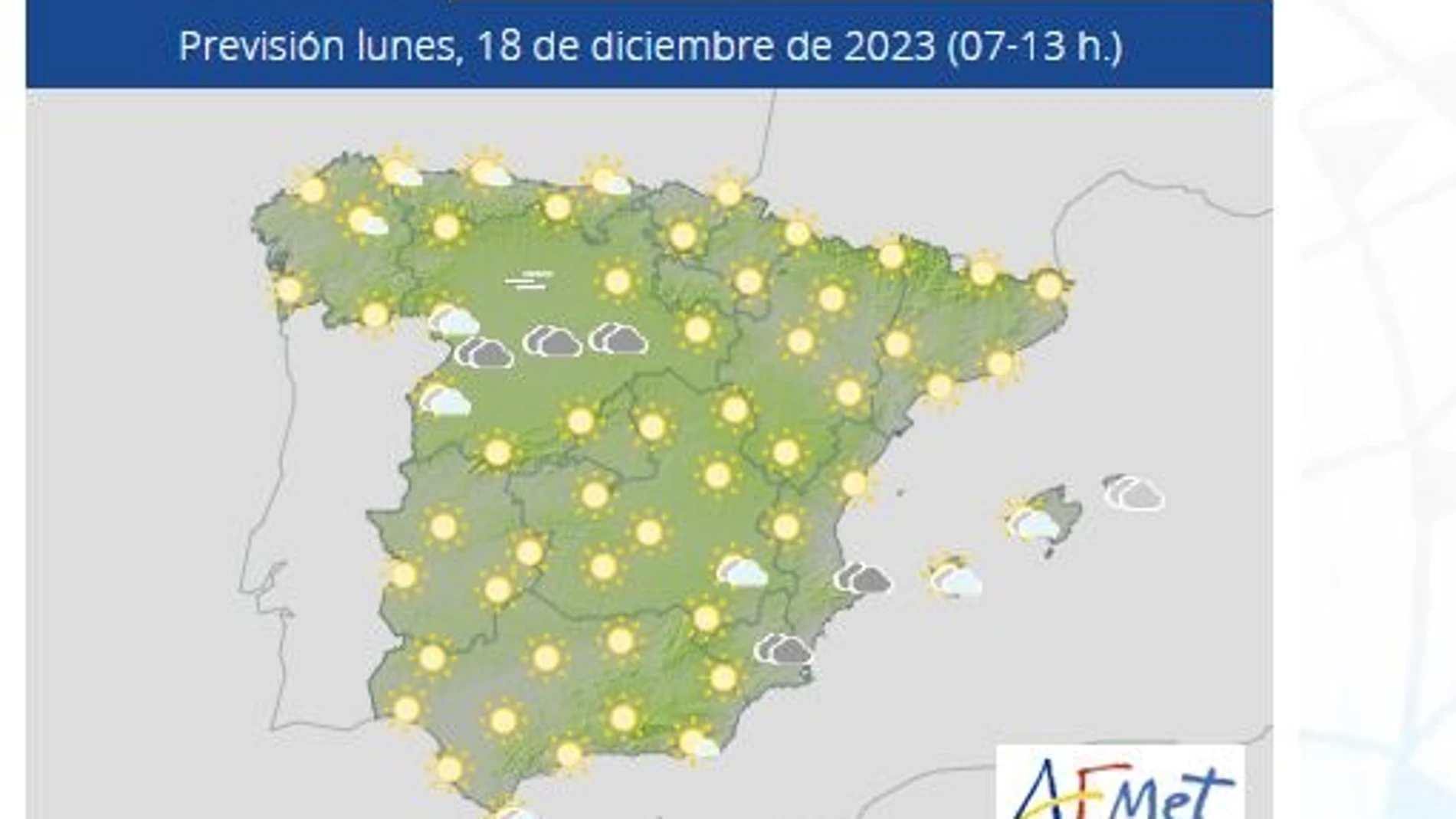 Previsión meteorológica para este lunes, 18 de diciembre. AEMET 18/12/2023