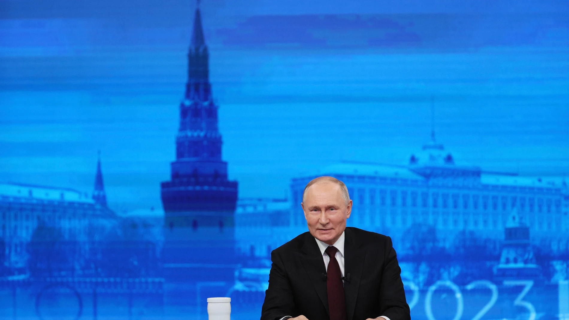 FILE - Russian President Vladimir Putin speaks during his annual news conference in Moscow, Russia, Thursday, Dec. 14, 2023. Putin seems to be hoping that relentless military pressure, combined with changing Western political dynamics and a global focus on the Israeli-Hamas war, will drain support for Ukraine in the nearly 2-year-old war and force Kyiv to yield to Moscow's demands. Putin is eager to show battlefield gains in Ukraine as he faces reelection in March.(Gavriil Grigorov, Sputnik, ...