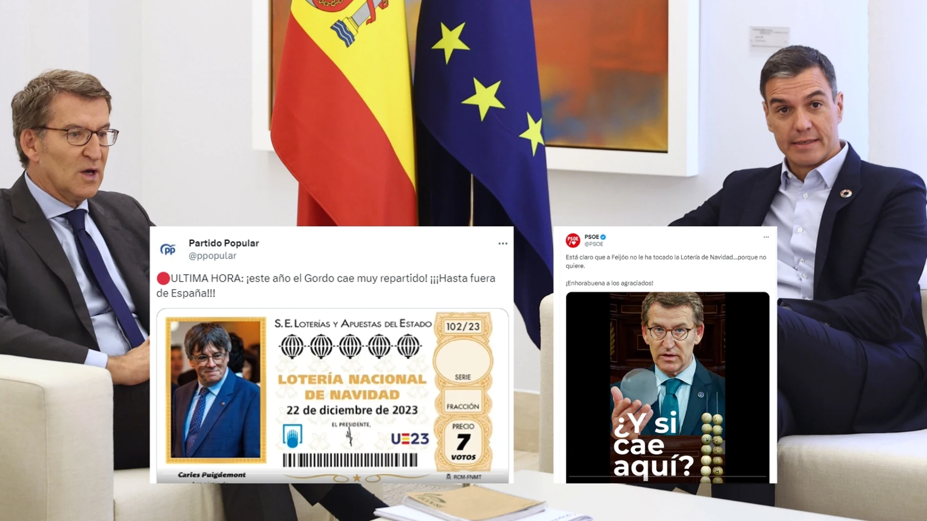 Montaje de los mensajes de PP y PSOE en X junto a una foto de una reunión entre Feijóo y Sánchez