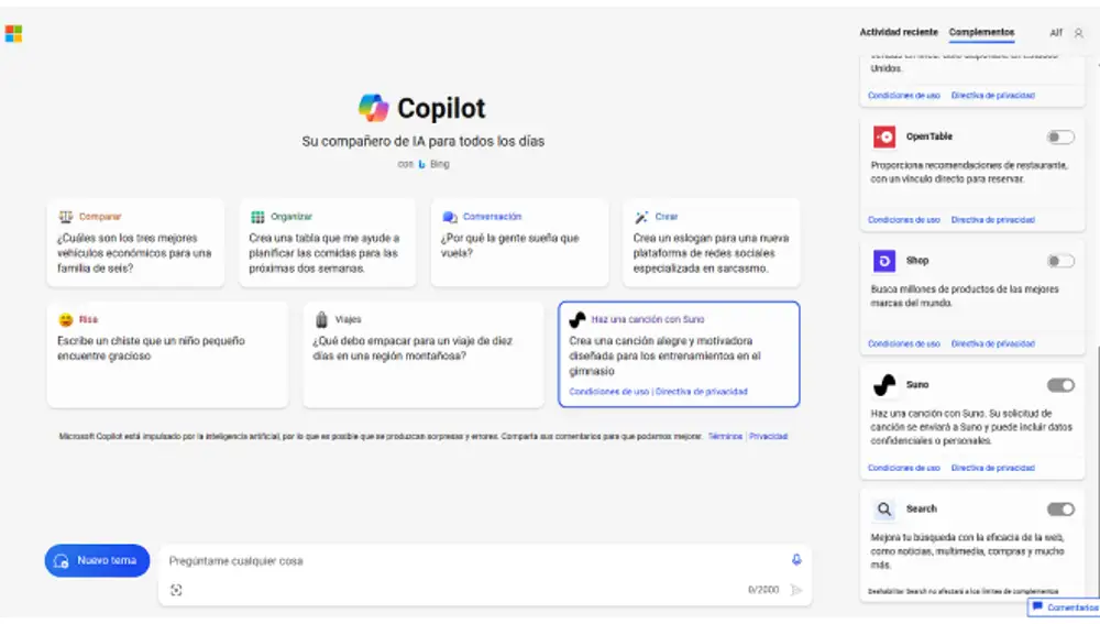Web de Copilot con el menú de complementos.