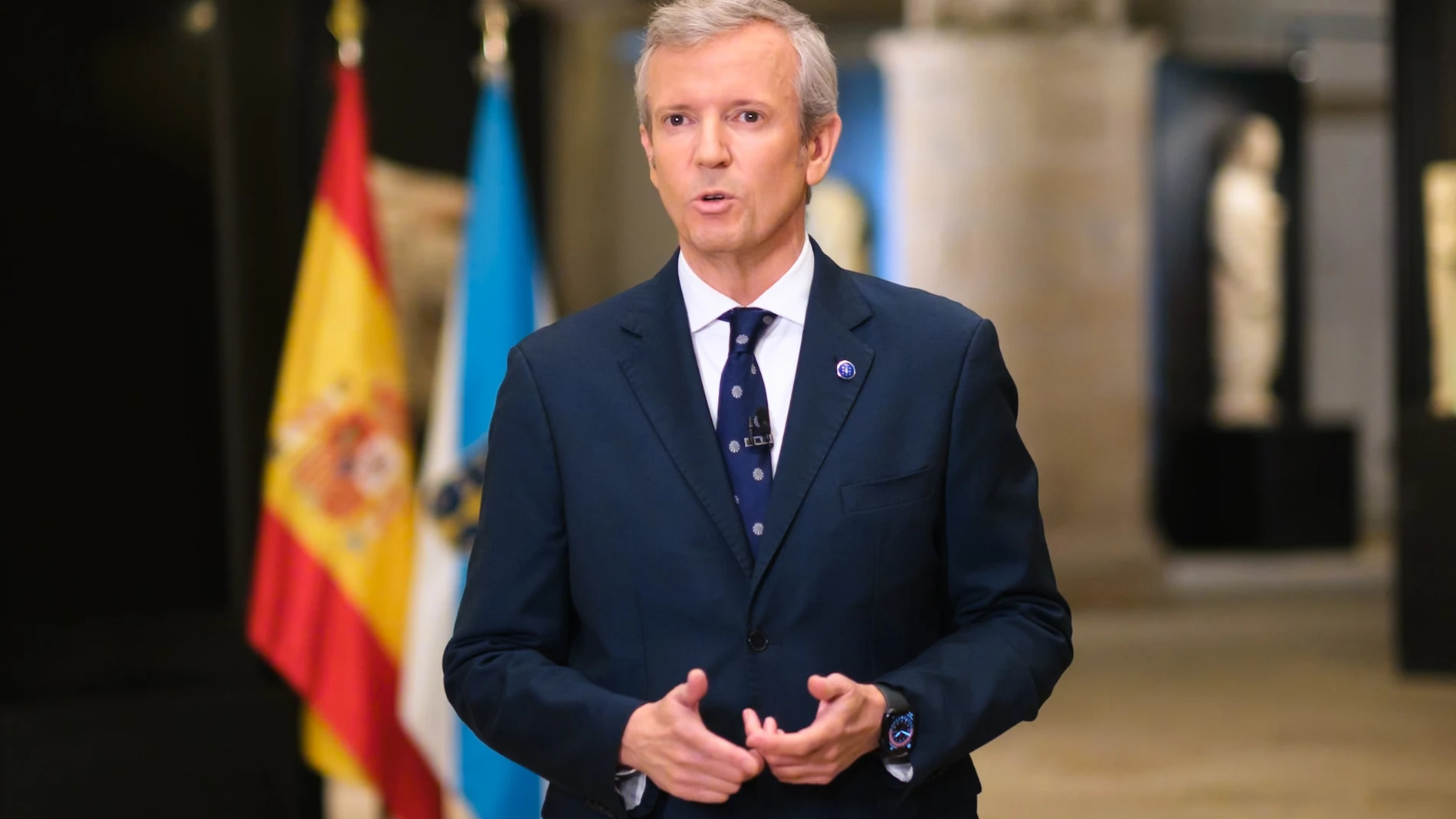 El presidente de la Xunta, Alfonso Rueda, durante el mensaje de Fin de Año. DAVID CABEZON @ XUNTA 26/12/2023