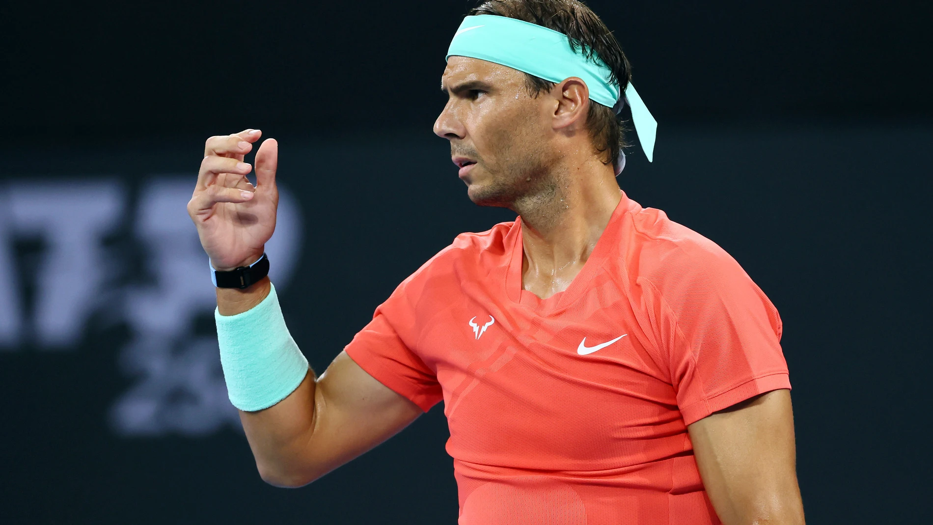 Rafael Nadal of Spain reacts in his quarter-final match against Jordan Thompson of Australia during the Brisbane International tennis tournament in Brisbane, Australia, Friday, Jan. 5, 2024. (AP Photo/Tertius Pickard)