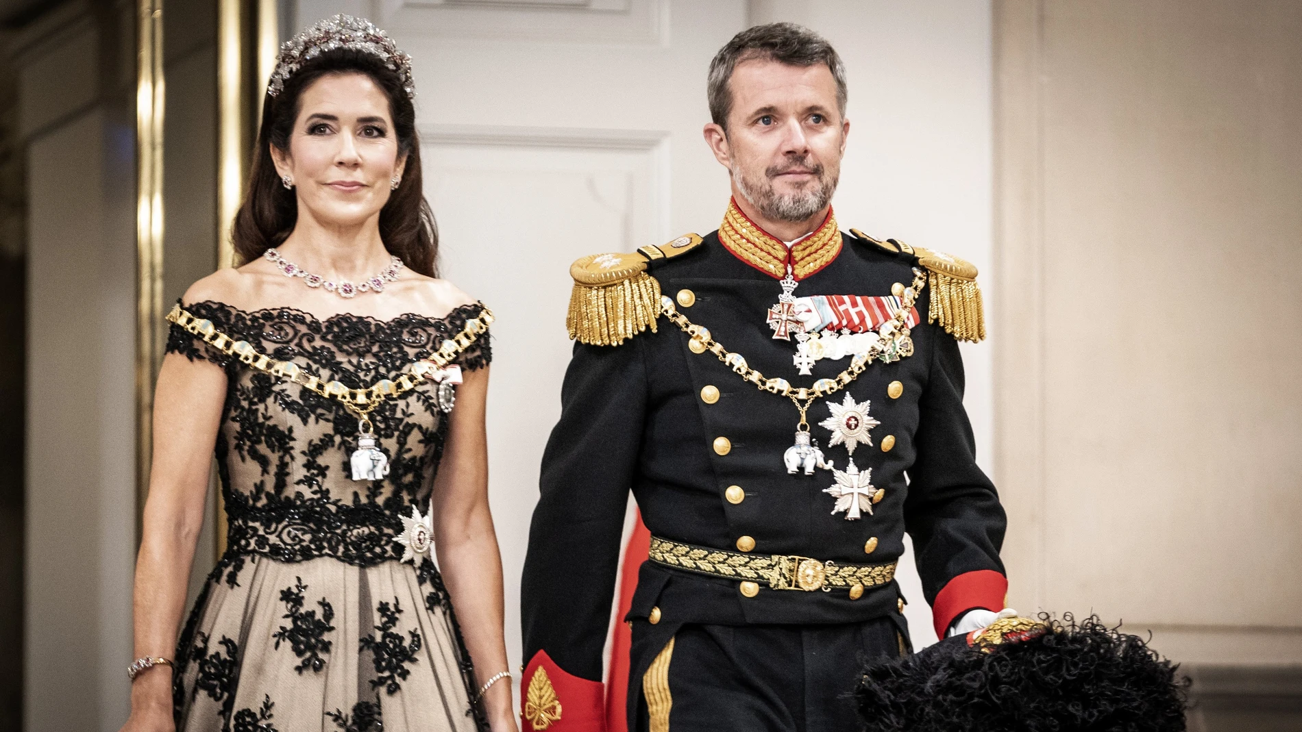 Crown Prince Frederik and Crown Princess Mary arrives at the gala banquet at Christiansborg Palace in Copenhagen, Denmark, Sunday Sept. 11, 2022. The banquet is held to mark the 50th anniversary of Danish Queen Margrethe II's accession to the throne