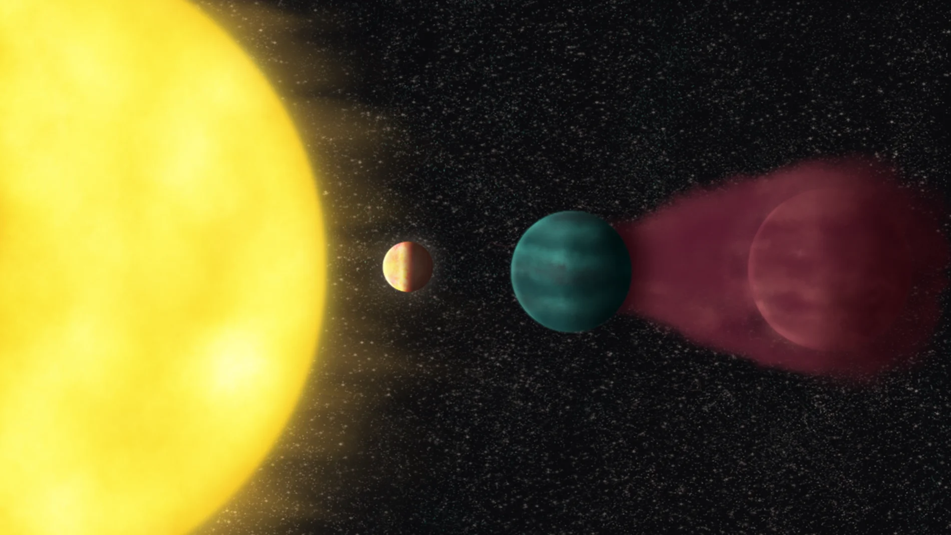 Representación artística del sistema solar HD 63433 que conocemos hasta ahora. De izquierda a derecha: la estrella HD 63433, el planeta que protagoniza el artículo (HD 63433d) y otros dos, respectivamente HD 63433b y HD 63433c